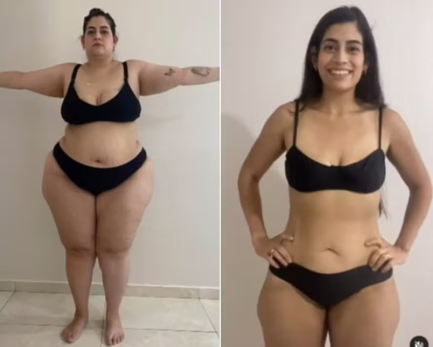 Mulher confiante e sorridente, com roupas esportivas, exibindo resultados de emagrecimento após secar em 7 dias.
